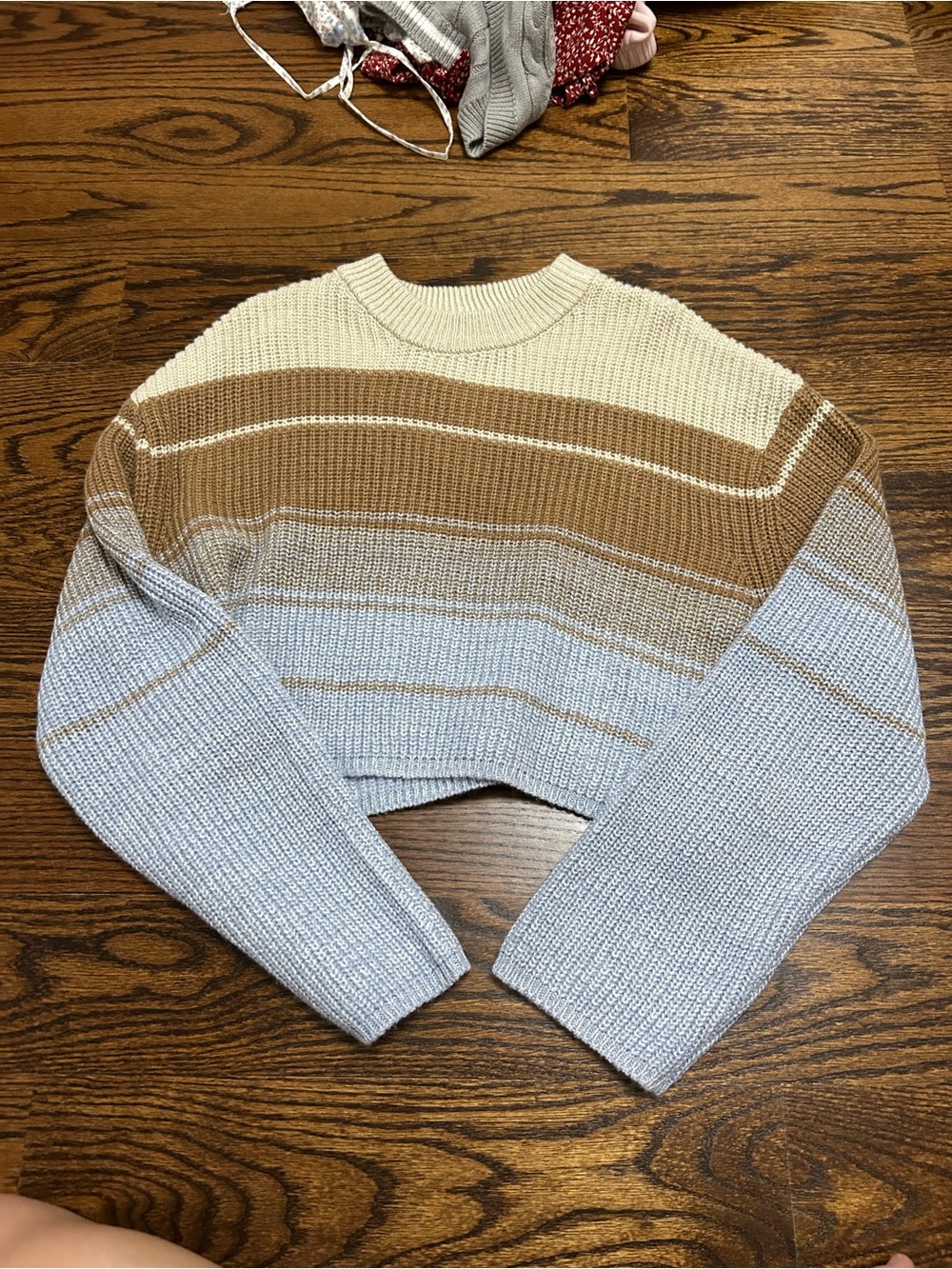 Garage Cropped Striped Sweater in Cream, Tan & Light Blue